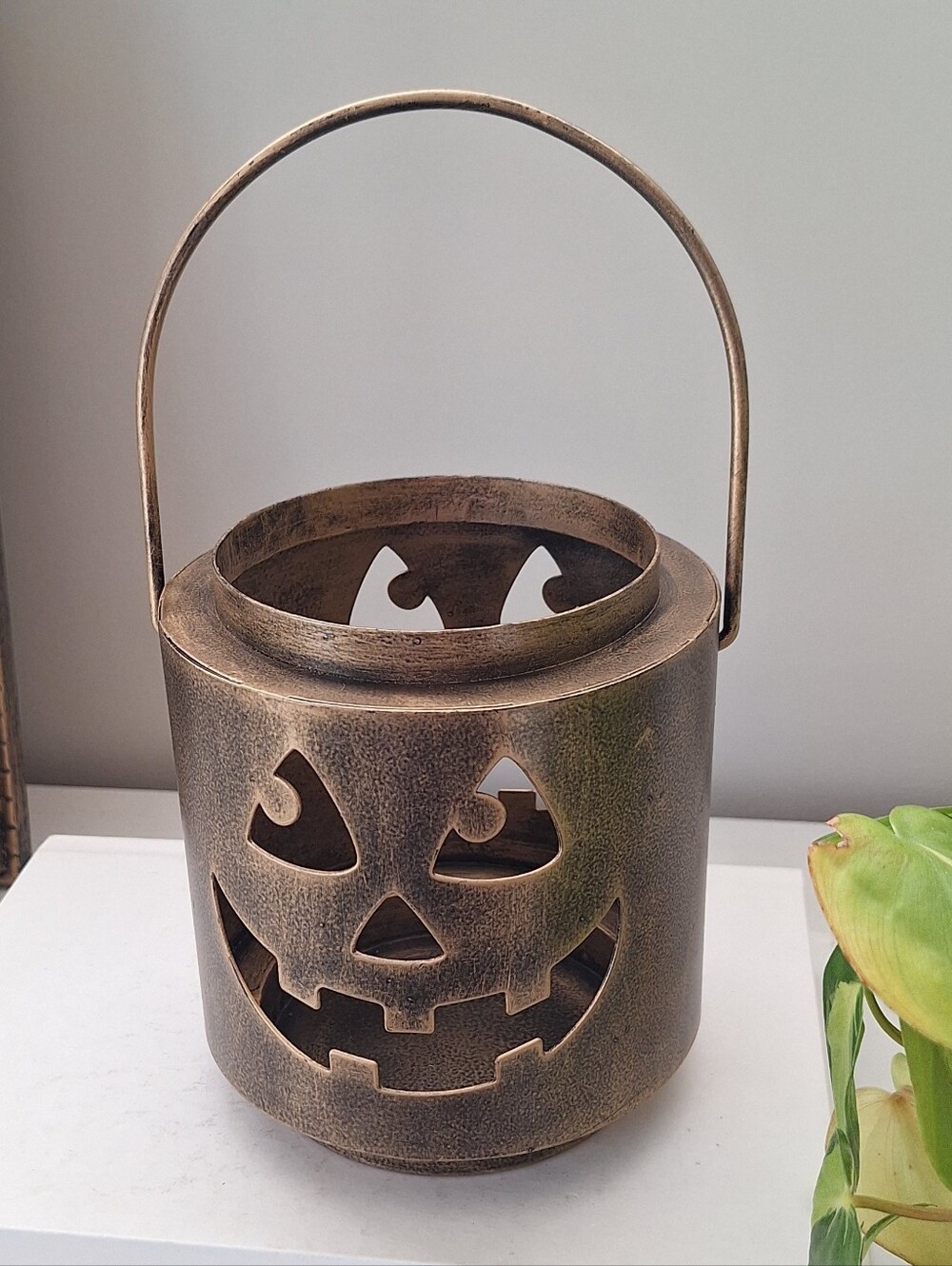 Faux Brass Look Halloween Candle Holder Jack O Lantern Pumpkin (Not Vintage )
